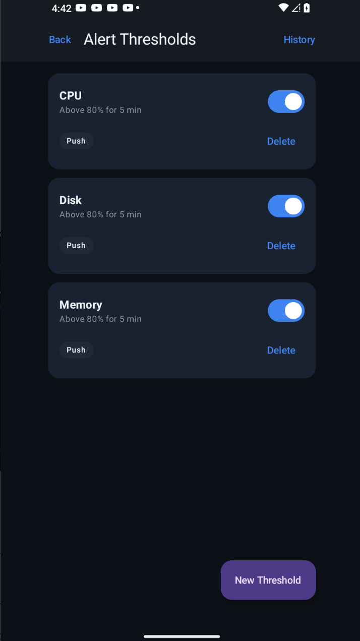 RackWorks Android app Alert Thresholds screen with CPU, Disk, and Memory push notification toggles