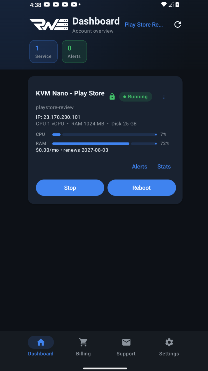 RackWorks Android app dashboard showing a running KVM service with a status badge, CPU and RAM usage bars, and Stop and Reboot buttons