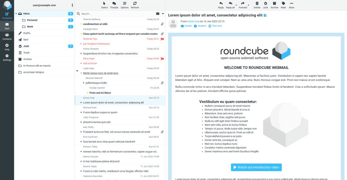 Roundcube webmail inbox view, the business email interface included with every Starter Kit