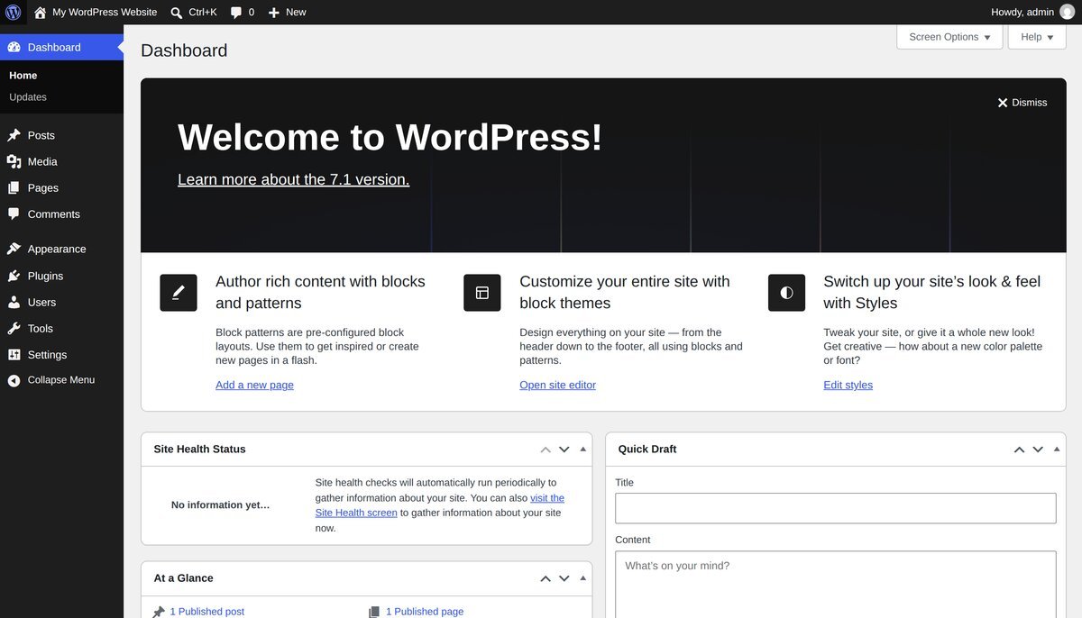 WordPress admin dashboard, the editor used to build and update the included website